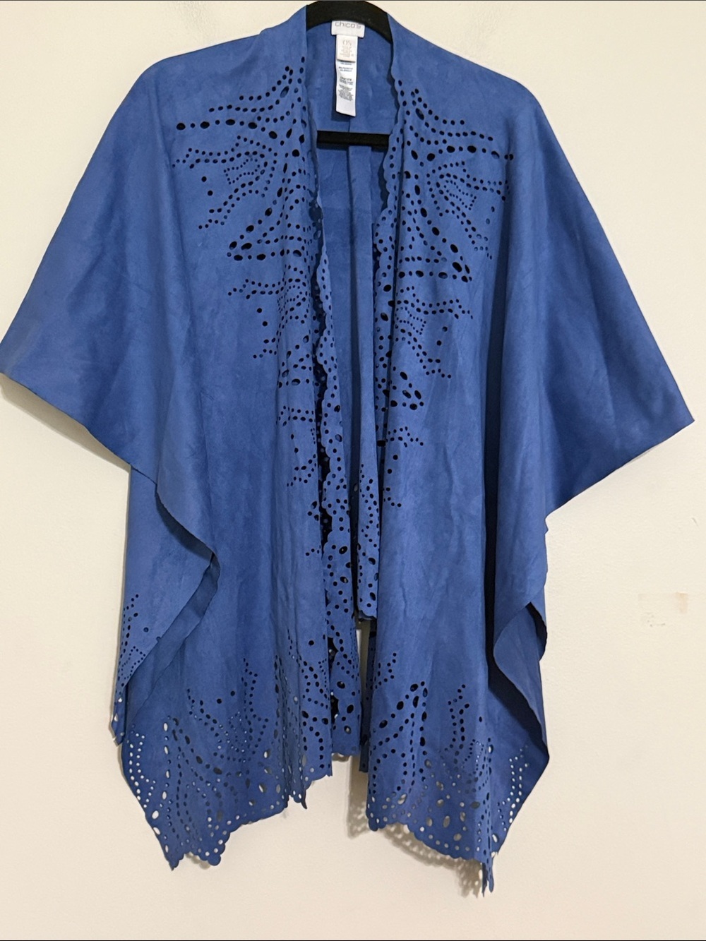 Chico’s Women's Blue Laser-Cut cardigan wrap OS faux leather fall winter office